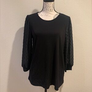 CeCe Elegant Black Top with Sheer Textured Swiss Dot Sleeves